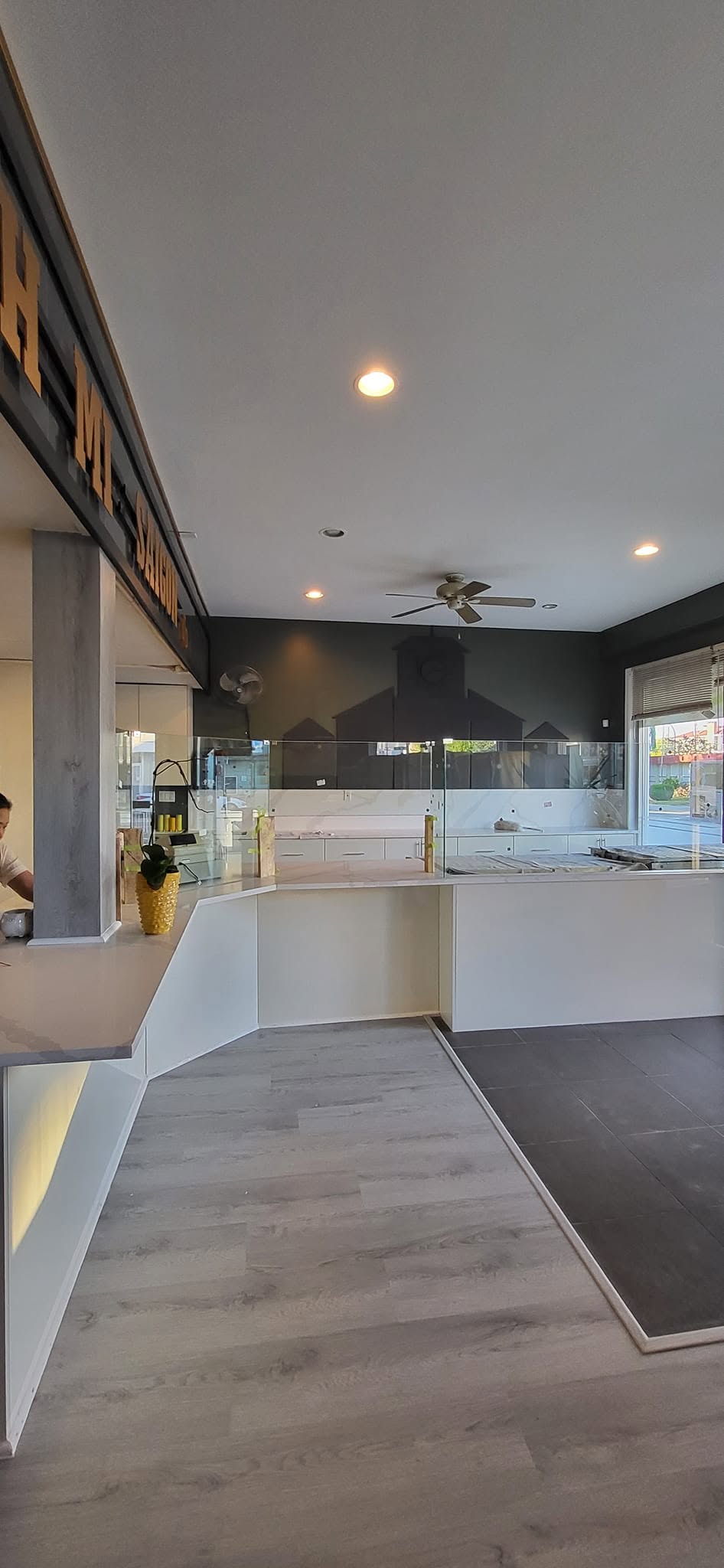 Commercial service counter custom cabinetry marble countertop Vancouver