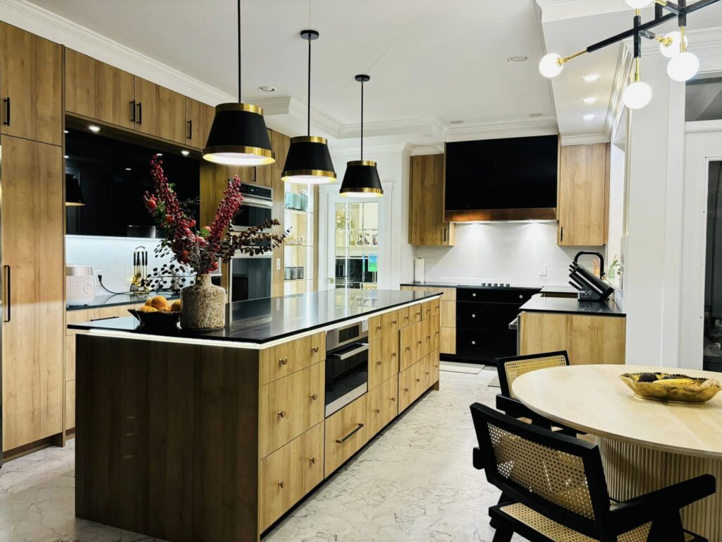 Custom luxury kitchen cabinets natural oak black island Metro Vancouver